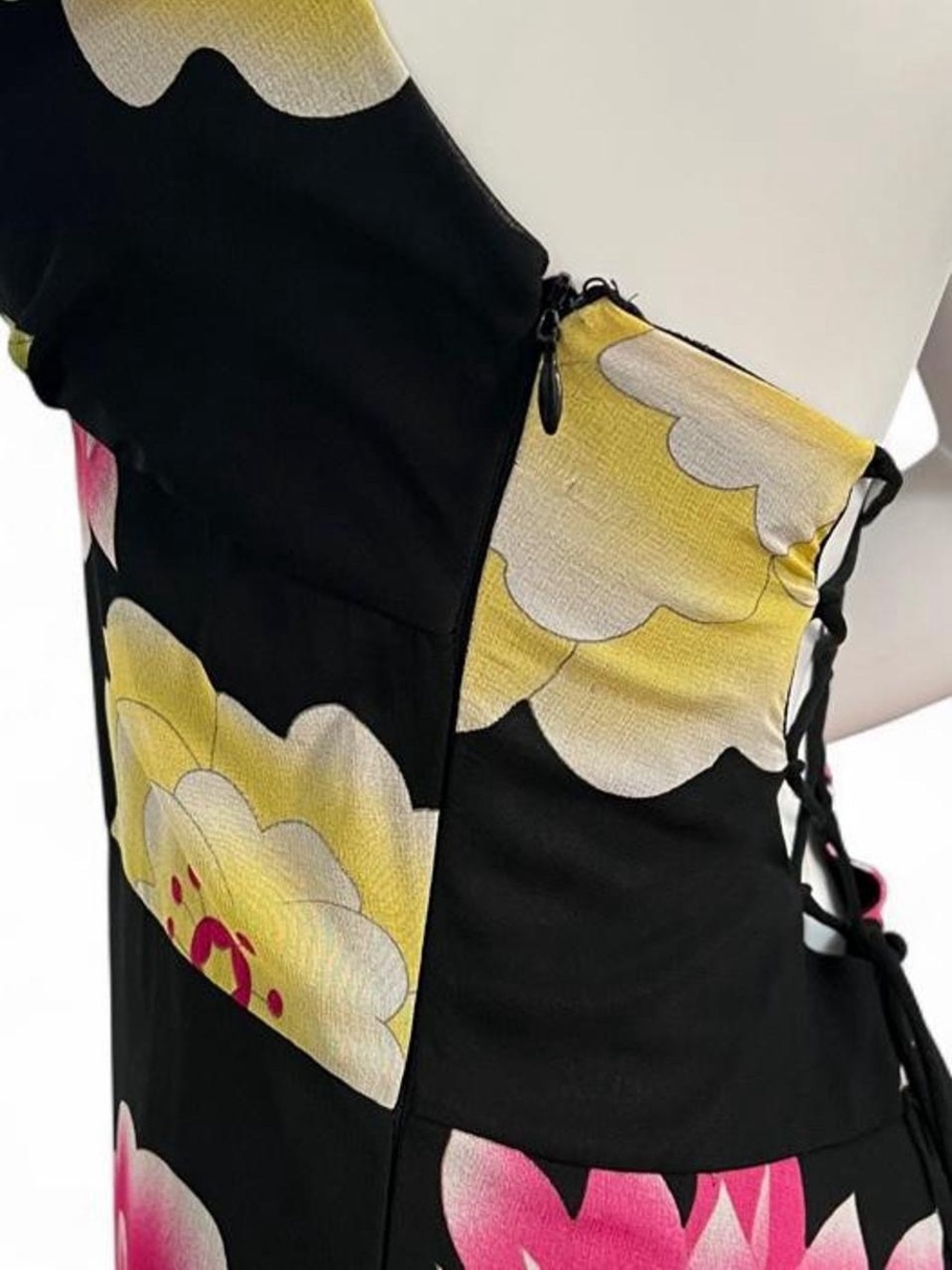 Floral Halter Backless Midi Dress Caché - Black with Pink & Yellow Blooms - Picture 6 of 7
